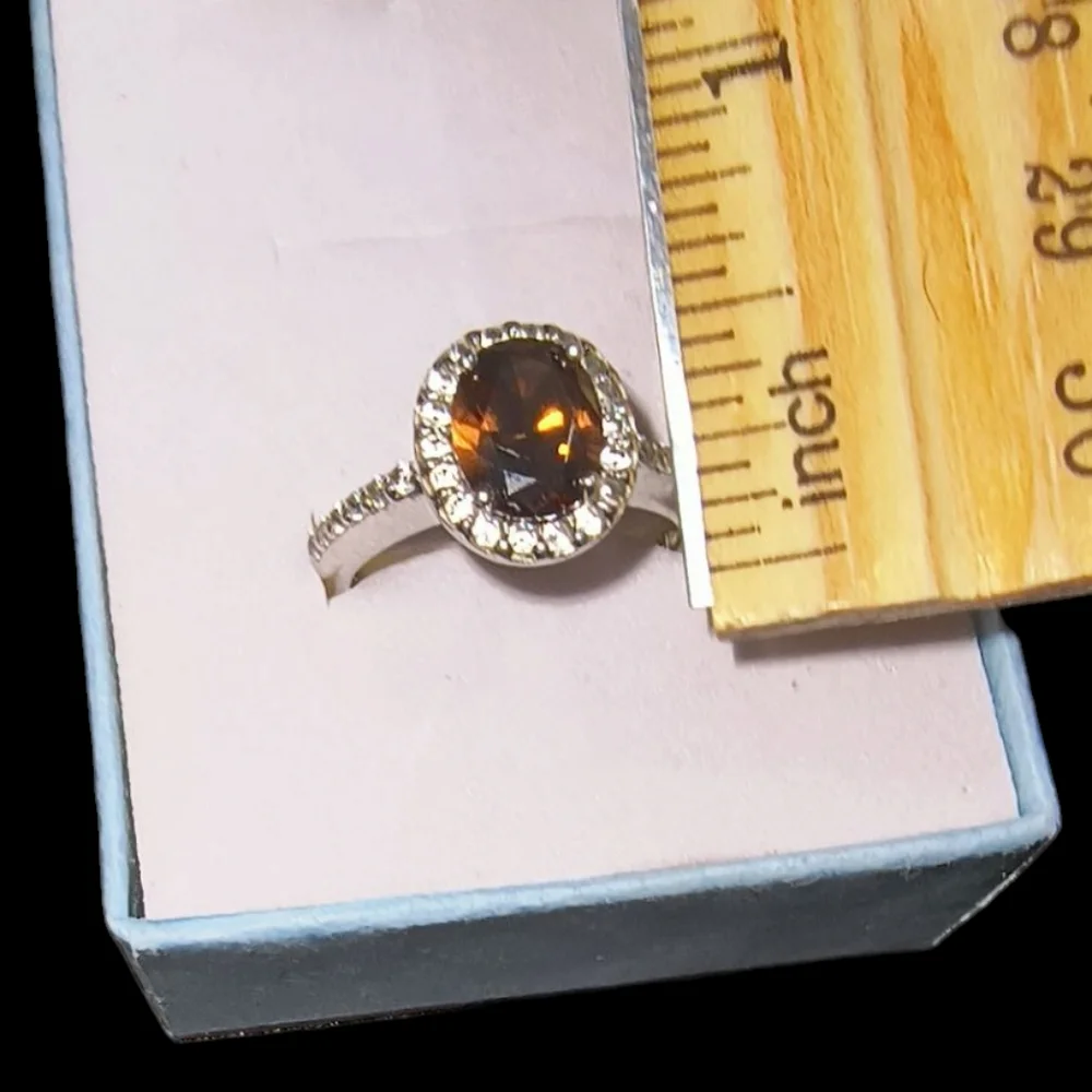 Sterling Silver, Clear & Cognac Colored CZ Halo Ring